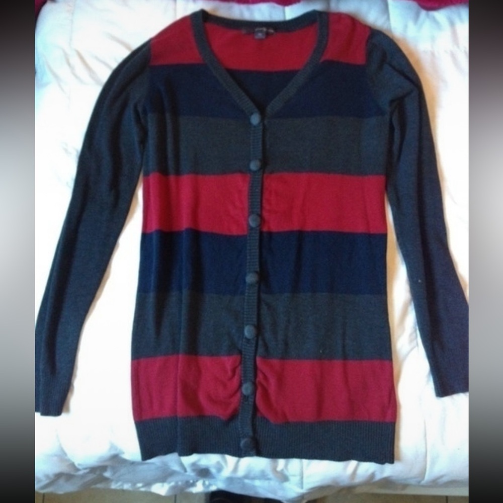 Forever 21 Red and Dark Blue Striped Cardigan